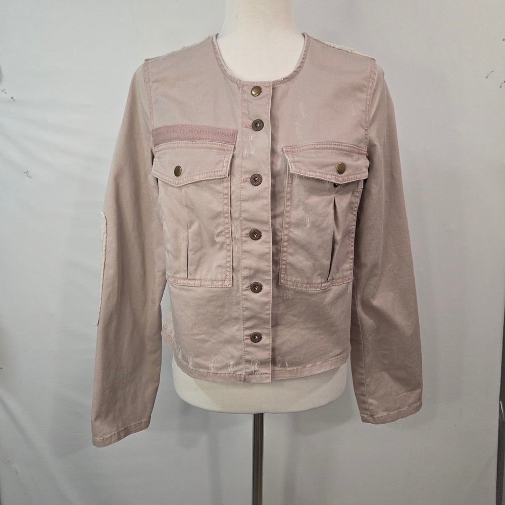 Free People Women Pink Cropped Utility Jacket Distressed Elbow Patch Estimated S